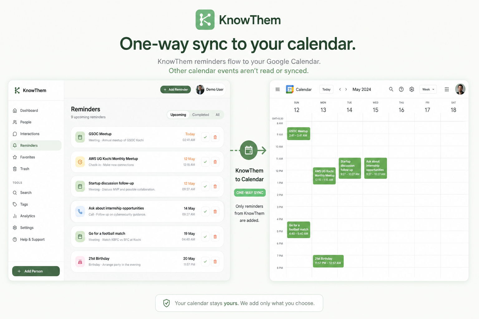 KnowThem Google Calendar Sync, reminders pushed automatically to your Google Calendar